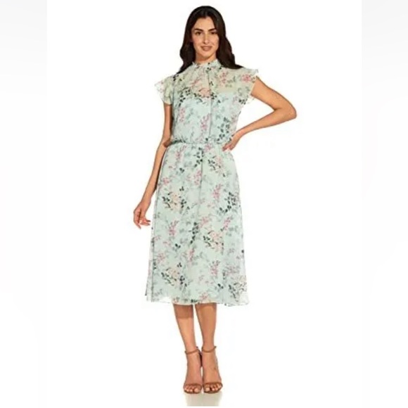 Adrianna Papell Short Printed Chiffon Dress Size 14 NWT Mint Multi Floral Spring - Picture 1 of 16